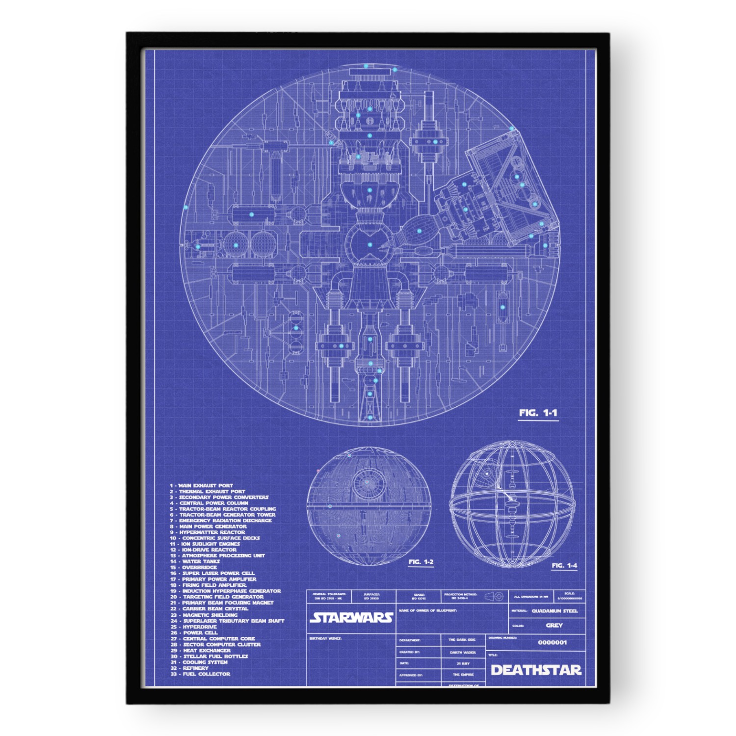 арт фотопринт технически чертеж star wars death star черна рамка